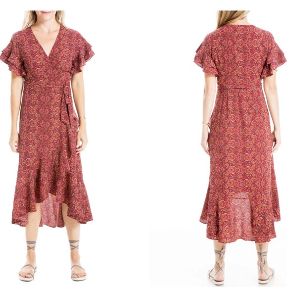 ⭐️ NWOT Max Studio Ruffle Crepe High/Low Wrap Midi Dress - Picture 1 of 8